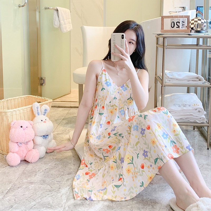 夏季吊带睡裙女性感薄款人造棉绸家居服韩版大码高级感绵绸睡衣裙