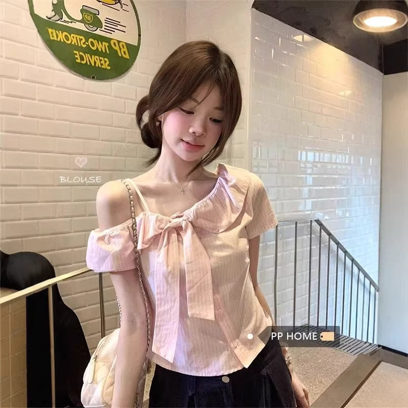 粉色条纹蝴蝶结露肩短袖衬衫女夏季小个子甜美设计感法式温柔上衣