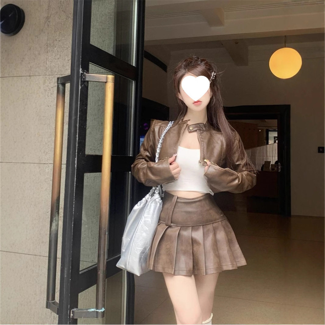复古美式辣妹机车皮衣短款长袖套装春秋外套百褶皮裙半身裙潮流