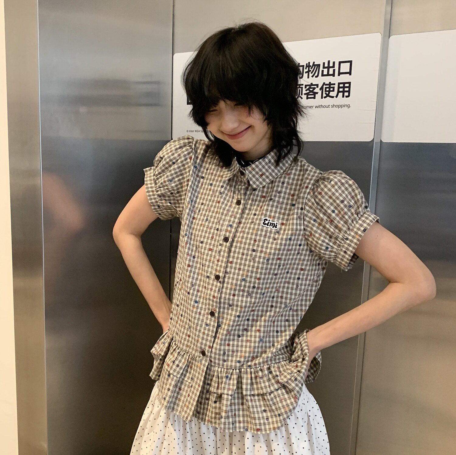 影子星球韩系彩色波点格纹衬衫女泡泡袖荷叶边学院风设计感上衣潮