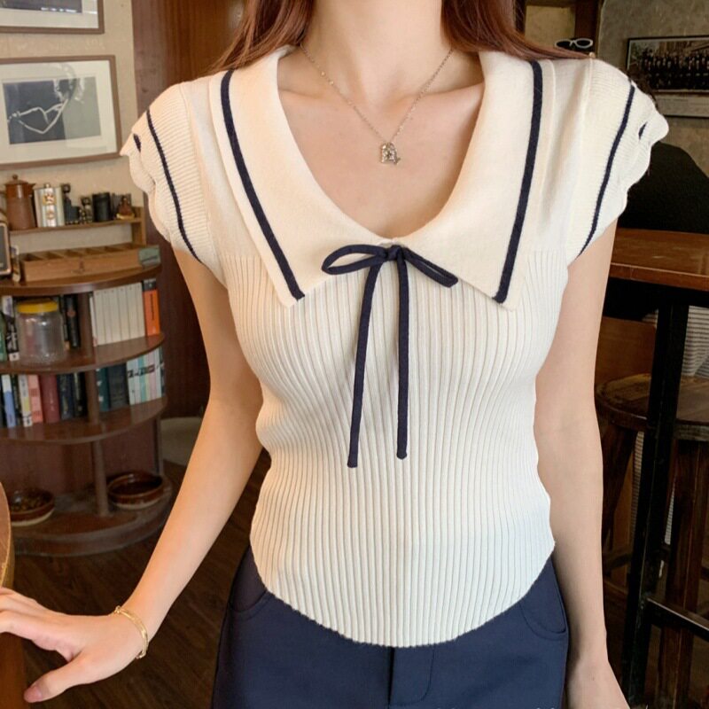 韩系撞色翻领短袖针织衫女装夏季纯欲学院风修身收腰短款T恤上衣