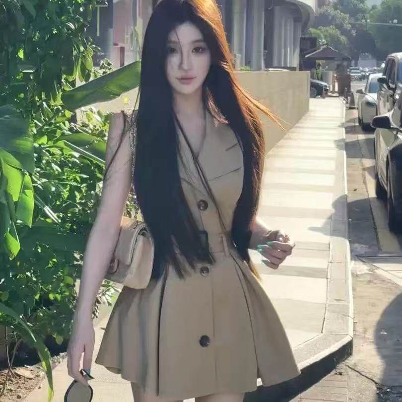 韩版轻奢风洋气收腰百搭西装领无袖连衣裙女2026夏季新款时尚裙子