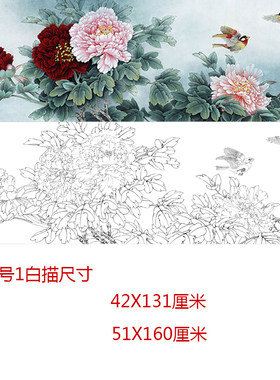 工笔画打印白描底稿横幅四尺牡丹花鸟初学者临摹勾线练习过稿上色
