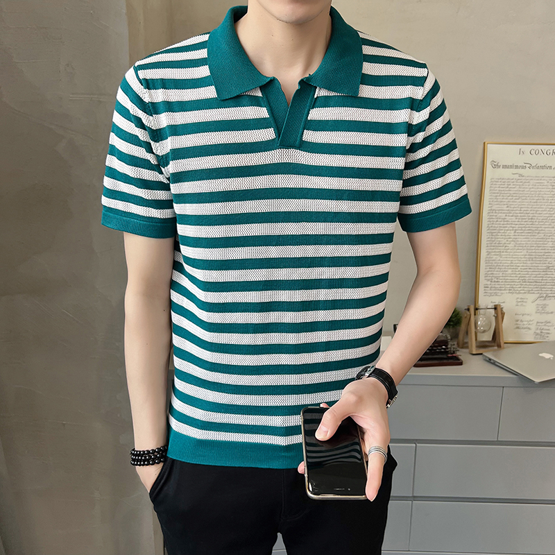 B255-9767-特P48M-3XL店主风简约高品质冰丝翻领polo条纹短袖男，男装T恤，电商B255
