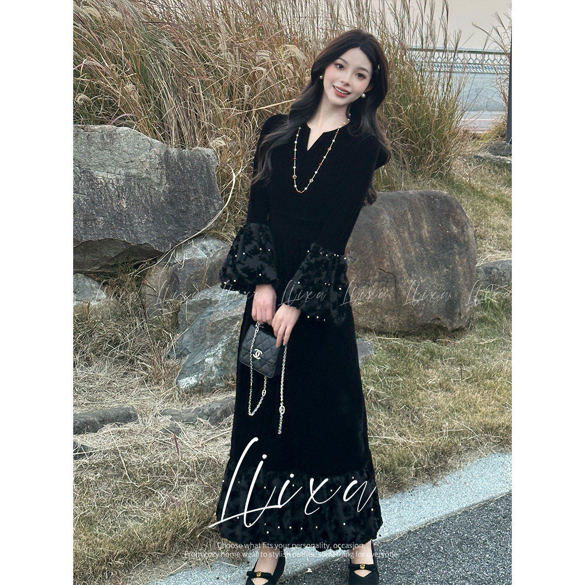 【妮妮推荐】气质黑长袖时尚套装日常法式丝绒连衣裙Q58LQW5222,女装/女士精品,连衣裙,淘宝优惠券,粉丝福利购,淘宝优惠卷