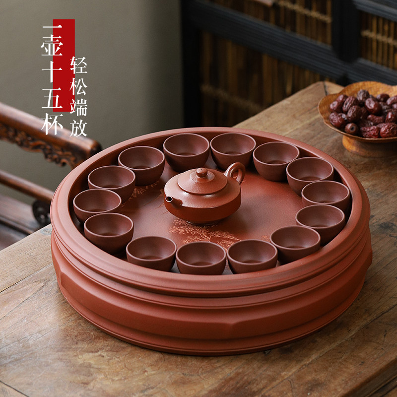 宜兴紫砂茶盘圆形双层储水式茶海大号清水泥紫泥圆形全手工刻绘