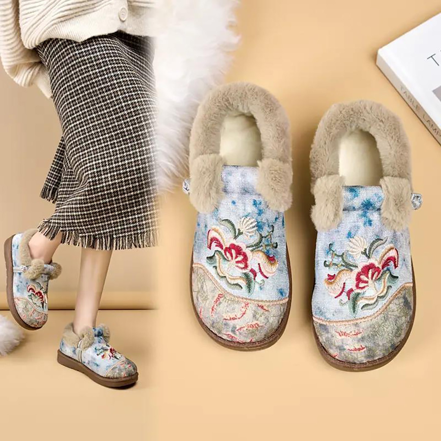 惠瑞发女鞋新中式国风刺绣妈妈鞋秋冬女士老北京布鞋加绒棉鞋a36