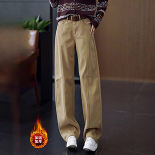 草莓熊衣橱牡丹弯刀裤加绒牛仔裤秋冬款高腰宽松弯刀裤加厚阔a55