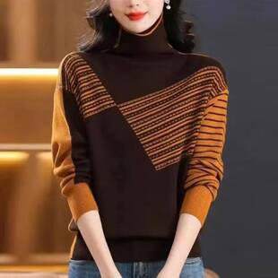 *金泽精品女装2025冬新款女士针织衫毛衣拼色半高领宽松显瘦上a02