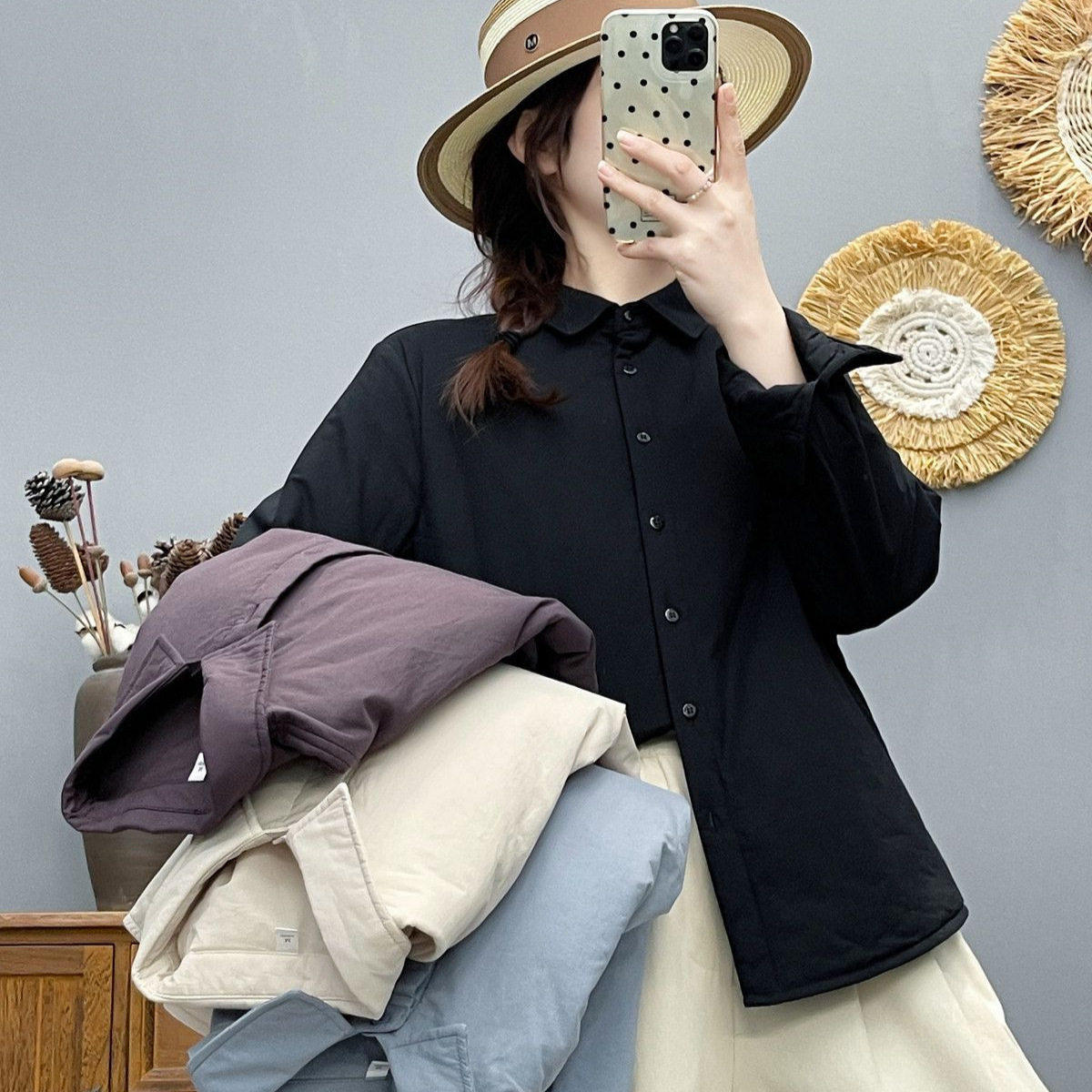 拾锦锦棉麻女装简约尖领纯色夹棉衬衫外套秋冬款夹棉保暖上衣a43