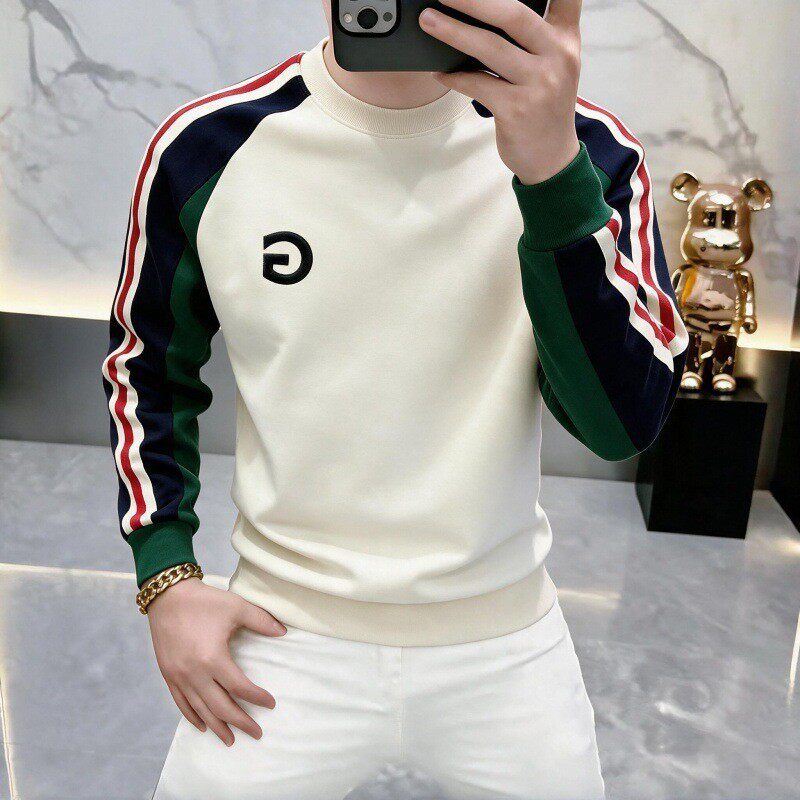 秋冬季撞色条纹男士圆领长袖卫衣轻奢时尚潮流休闲修身打底百搭a9