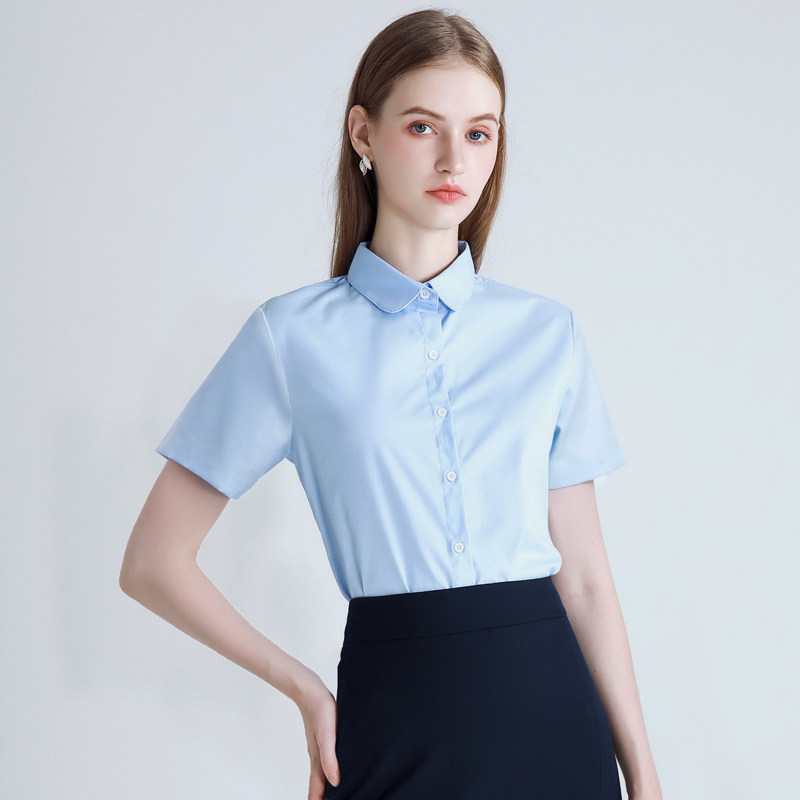 Blue Professional Shirt Women's Short-Sleeved Doll Collar Round Neck Suit Shirt Civil Servant Interview Formal Work Clothes White