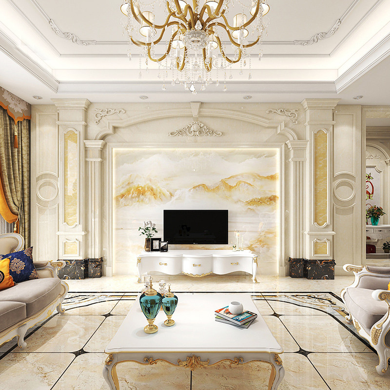 欧式天然玉石电视墙客厅沙发岩板石材背景墙办公室前台石纹罗马柱