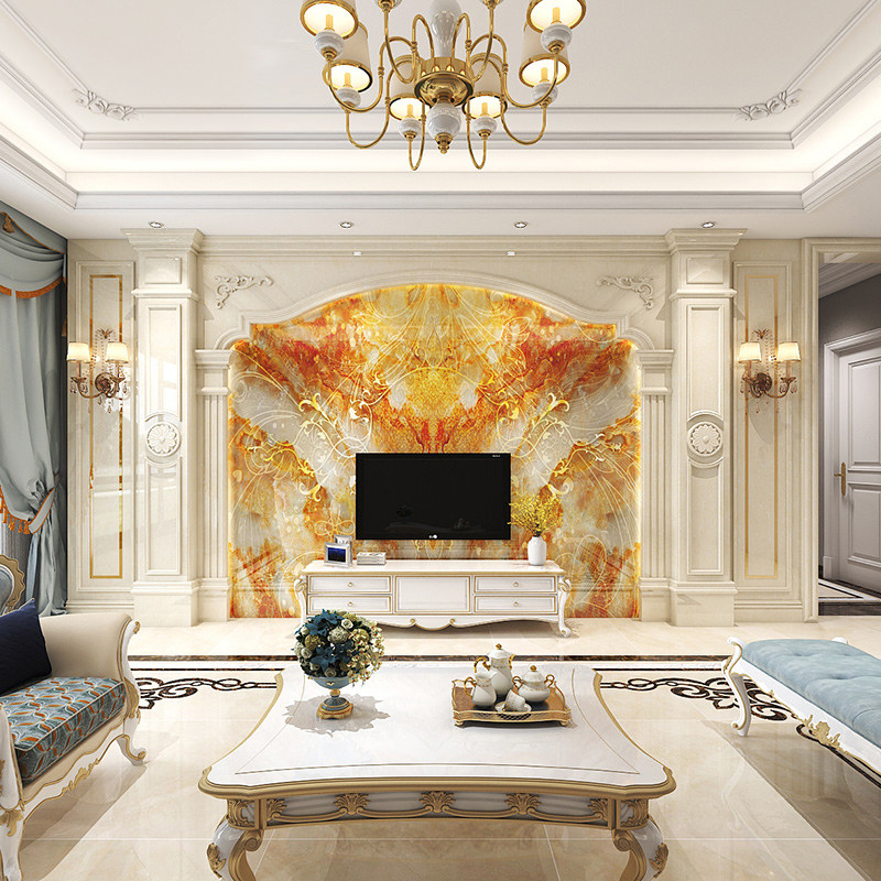 客厅天然大理石背景墙罗马柱石材岩板炫金电视墙柱子影视墙金镶玉