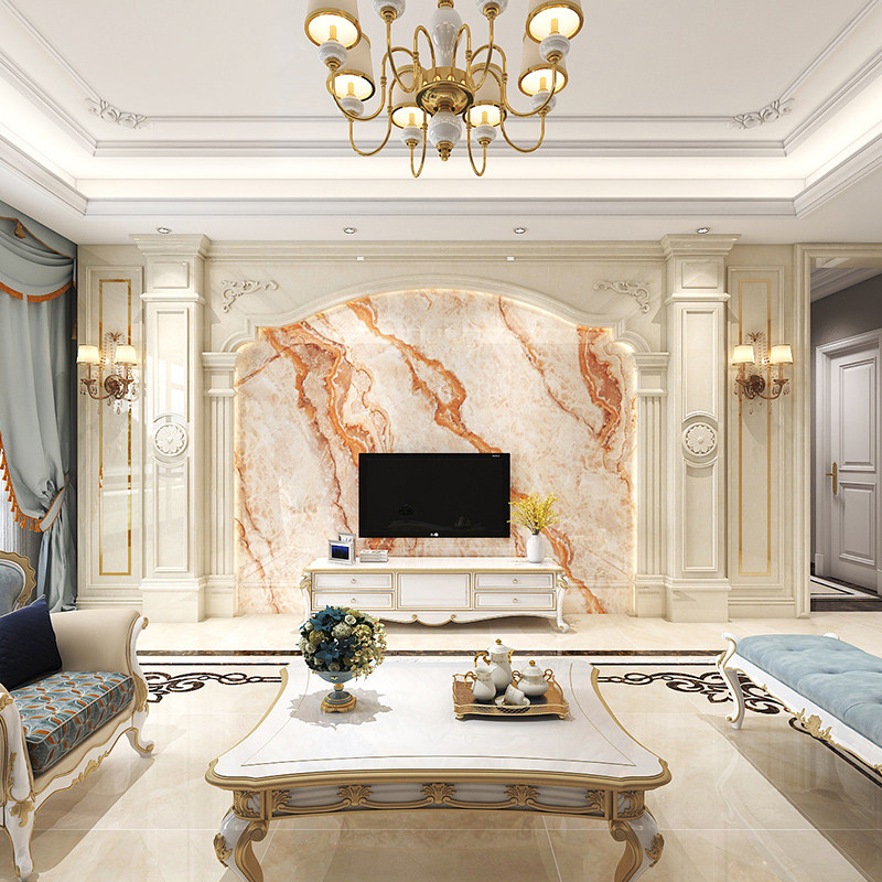独栋别墅客厅石材电视墙洋房豪宅大理石客厅罗马柱背景墙边框装修