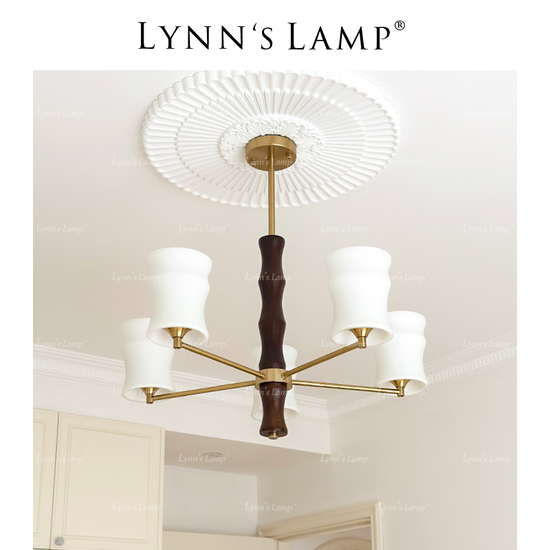 Lynn's立意 实木法式客厅吊灯 卧室书房中古玻璃美式胡桃木色主灯