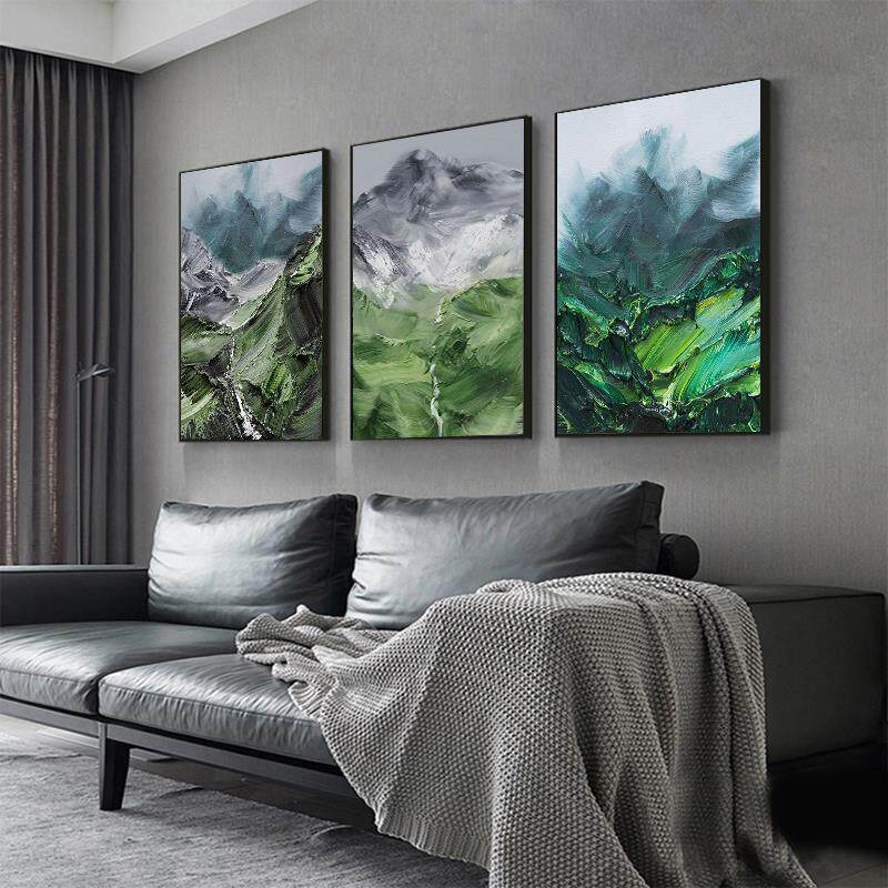 手绘立体三联沙发背景墙大幅挂画