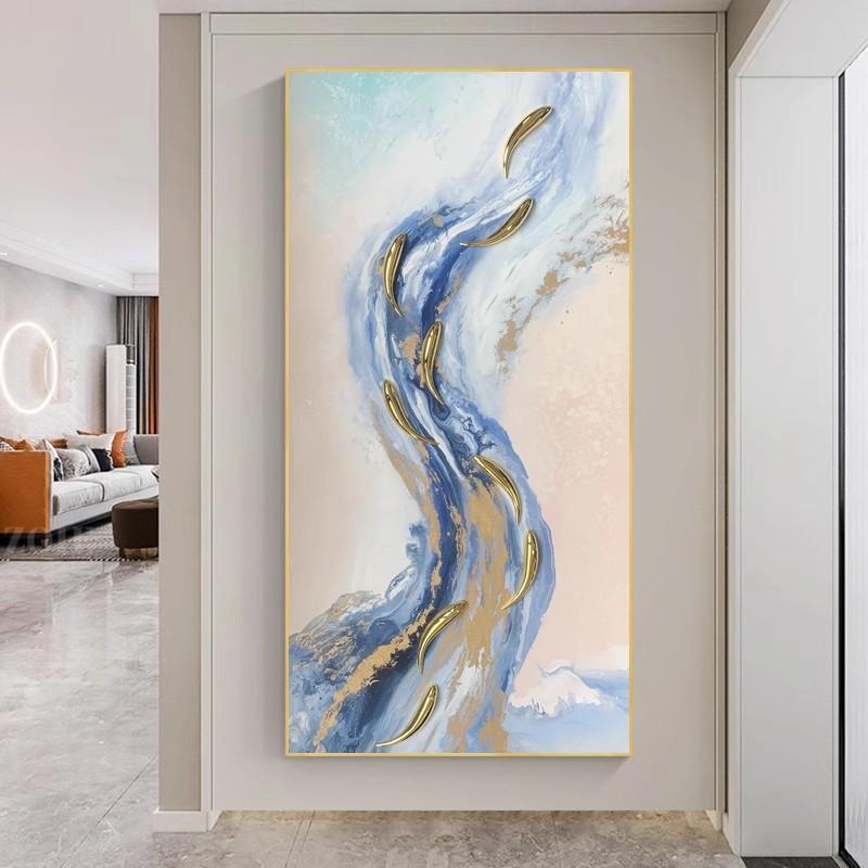 手绘油画立体九鱼图装饰画轻奢简约玄关入户挂画走廊过道楼梯壁画图片