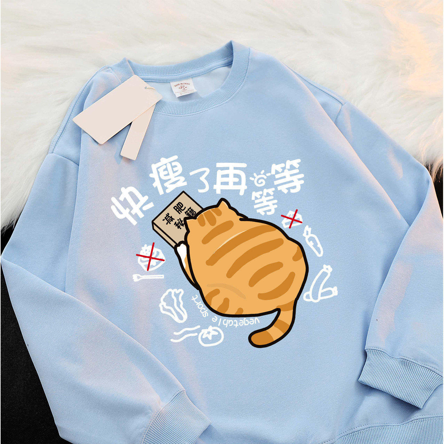 新品秋冬季小众图案橘猫减肥印花保持身材圆领薄绒卫衣宽松上衣女