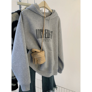 新品美式复古灰色连帽加绒卫衣女款韩式胖mm大码宽松加厚长袖上衣