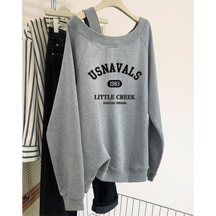 新品大码美式露肩卫衣女款小个子胖mm宽松高级感斜肩长袖显瘦上衣