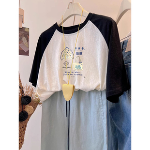 新款 美式 t恤女200斤胖mm高级感上衣服夏季 复古雪花棉宽松大码 短袖