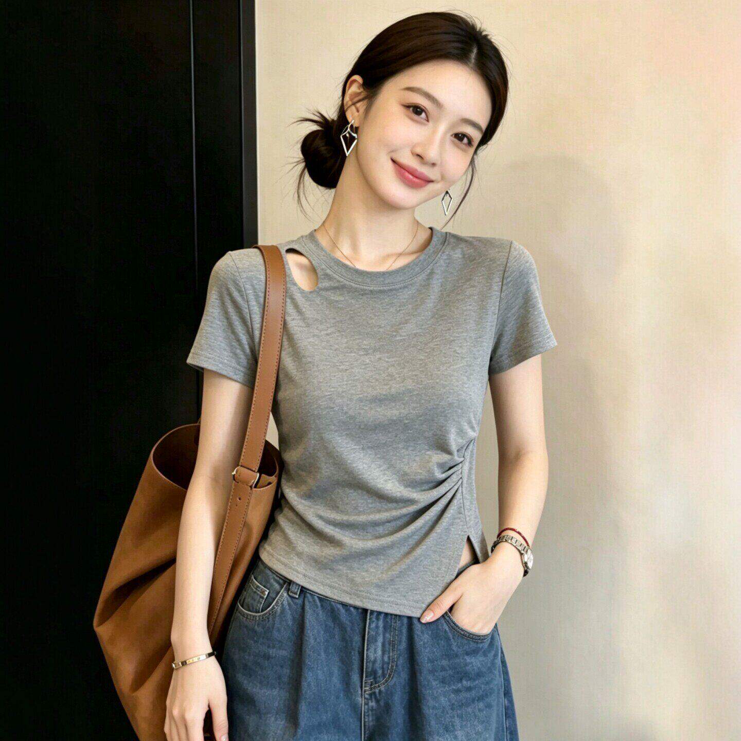 不规则设计缕空圆领短袖T恤女2026夏季新款时尚百搭正肩洋气上衣
