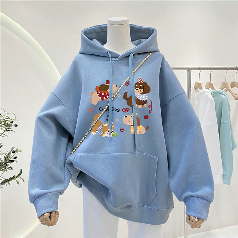 秋冬新款加绒薄款卡通风连帽卫衣女款宽松oversize百搭休闲上衣服
