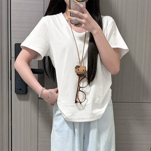 宽松慵懒风显瘦打底上衣 t恤女夏胖mm大码 2026新款 纯色正肩u领短袖