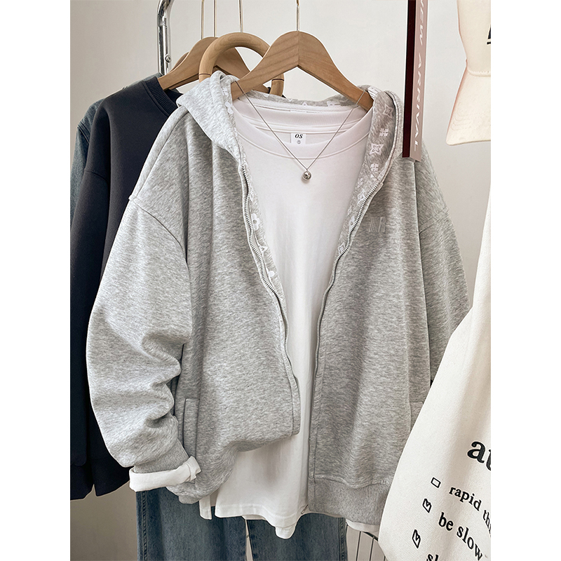 【优质面料】宽松刺绣连帽上衣女