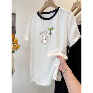 新款 白色简约风大码 t恤夏季 雪花棉女装 胖mm撞色印花上衣200斤 短袖