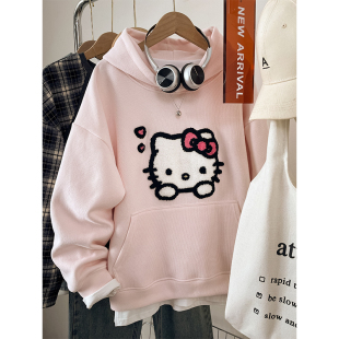 胖mm卡通刺绣外套上衣 新款 Kitty猫大码 粉色连帽卫衣女初中生秋季