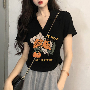 黑色短袖T恤女夏季新款设计感修身小众短款超好看独特漂亮上衣服