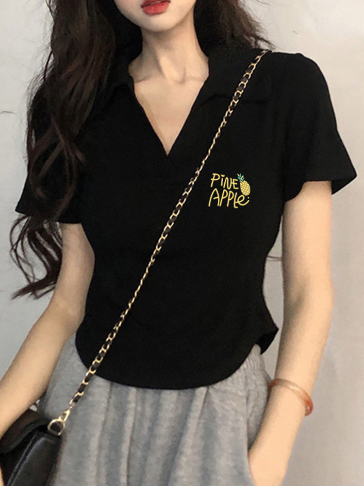不规则V领正肩短袖T恤女短款上衣