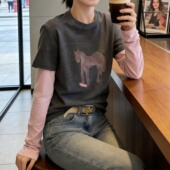 胖mm大码 小个子假两件长袖 宽松上衣 新款 爆款 打底衫 T恤女2026春季