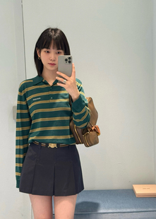 式 M系撞色条纹polo领针织衫 上衣显瘦遮肉款 女法式 复古学院风长袖
