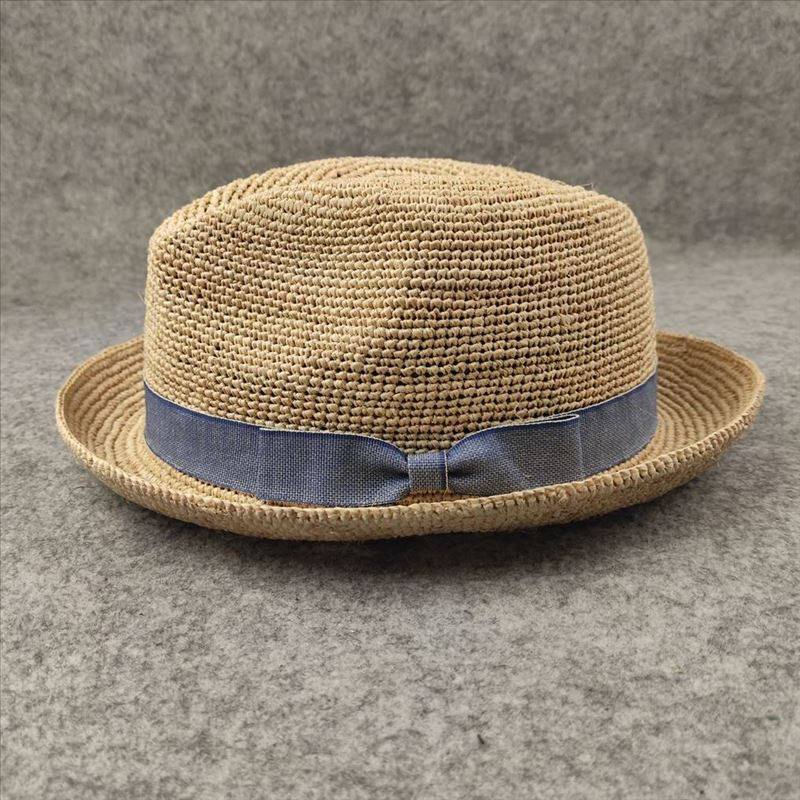 卷边蓝色蝴蝶结装饰拉菲草礼帽英伦范大头围女帽情侣款男帽休闲潮