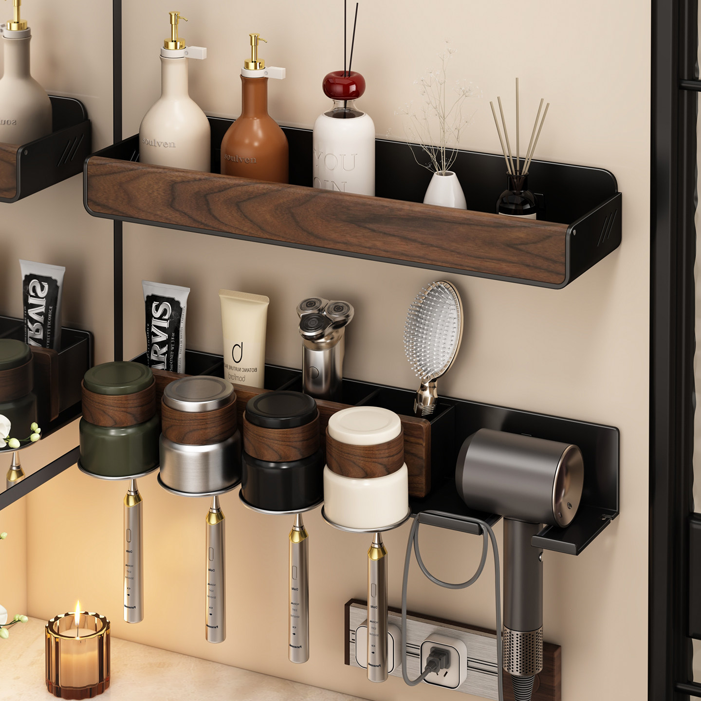 胡桃木吹风机置物架卫生间免打孔洗漱台漱口杯牙刷架浴室收纳架子,家庭/个人清洁工具,浴室角架/置物架,淘宝优惠券,粉丝福利购,淘宝优惠卷