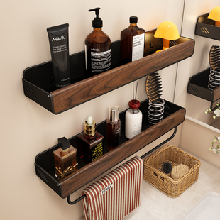 胡桃木卫生间置物架中古风浴室厕所洗漱洗手台洗手间墙上免打孔架