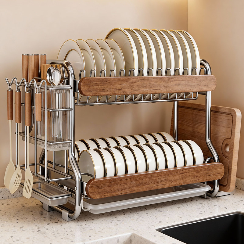 中古风不锈钢沥水碗碟收纳架双层厨房置物架台面多功能刀架筷子筒,厨房/烹饪用具,厨房置物架/置物柜/角架,淘宝优惠券,粉丝福利购,淘宝优惠卷