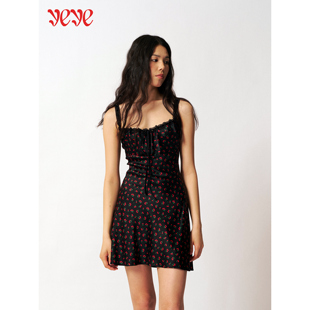 yeye by b.Fleurs新款法式复古风黑色蕾丝抽绳樱桃蕾丝吊带连衣裙