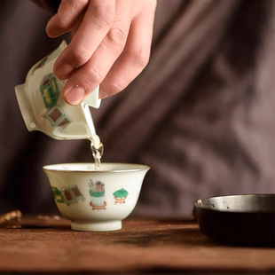 弥云斋任平生茶事组青花手绘斗彩盖碗茶杯包银口主人杯