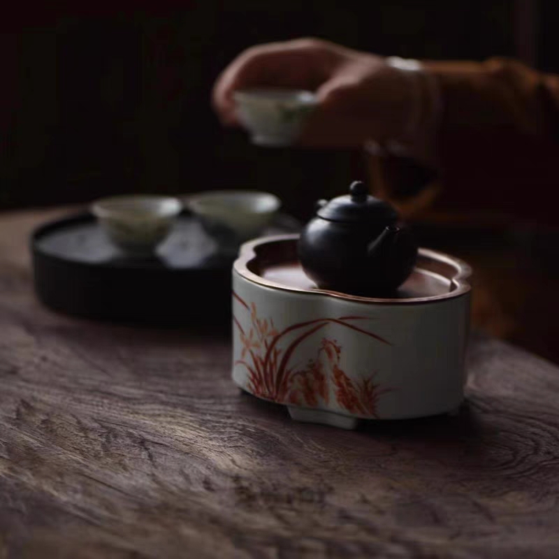 景德镇云由山坊海棠铜面壶承手绘矾红兰花茶船茶盘储水新