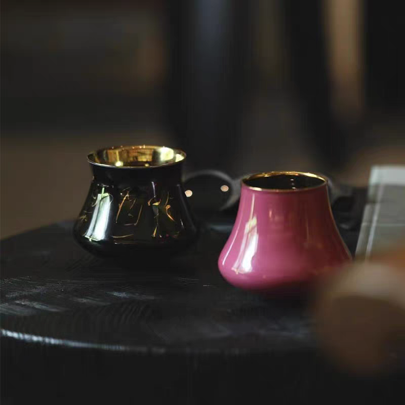 对影胭脂红黑釉写金诗文对杯景德镇纯手工手绘陶瓷酒杯礼品弥云斋