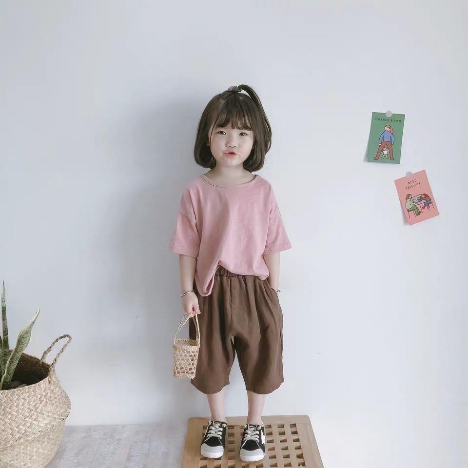 21夏韩版森系男女儿童宝宝套装透气棉麻百搭萝卜裤加针织上衣套装
