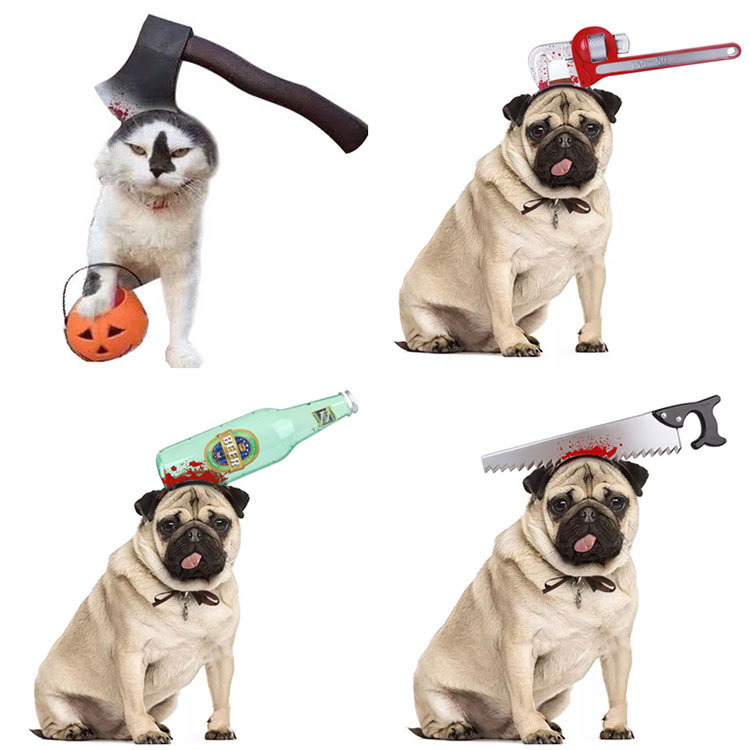 搞鬼整蛊万圣节法斗巴哥狗狗头饰搞笑菜刀锯子斧头锤子装扮