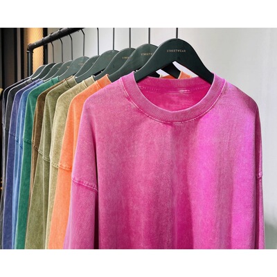 纯棉230克彩色蜡染水洗做旧T恤复古长袖束口男女款美式休闲打底衫