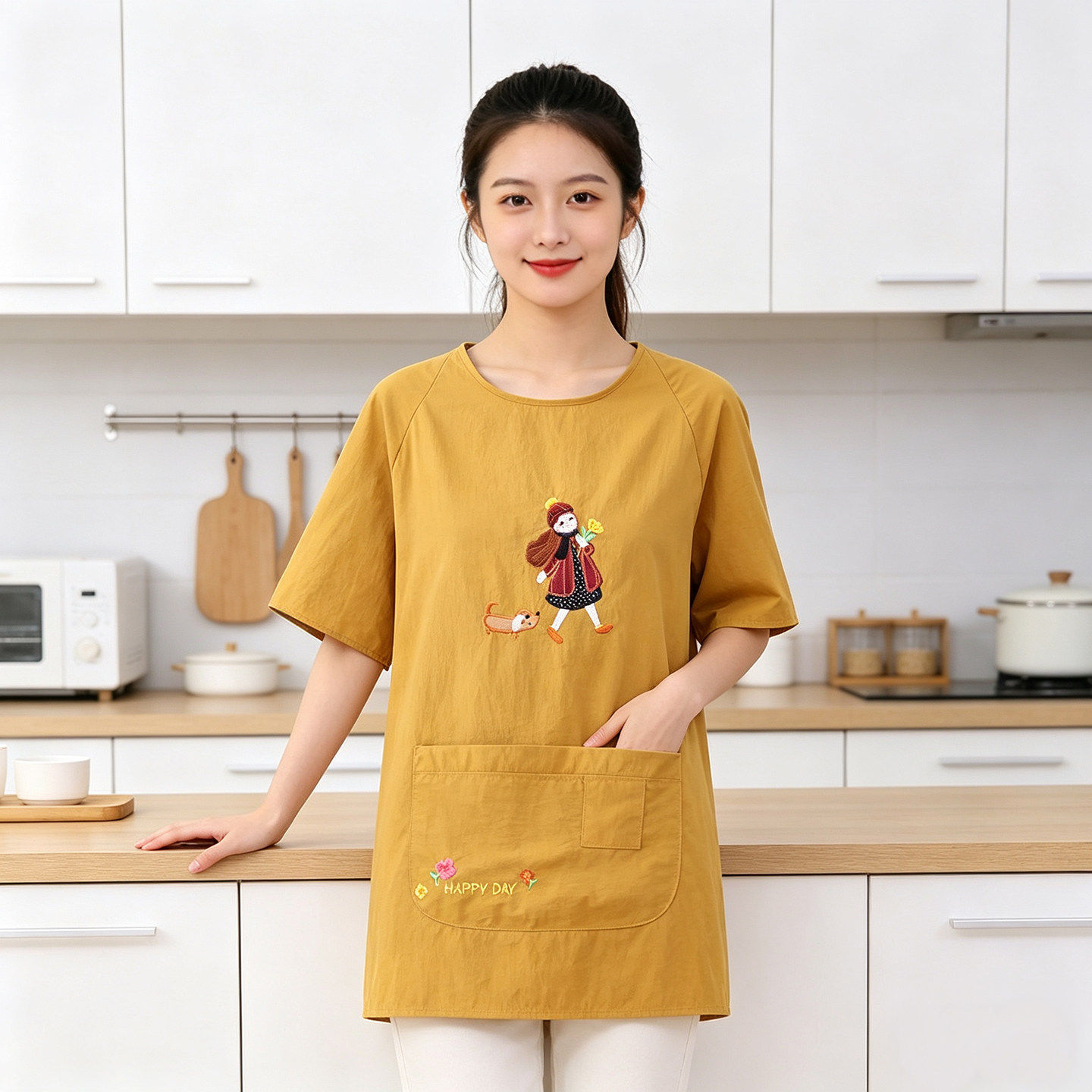 时尚围腰半袖防泼水耐穿女士成人围裙厨房做饭家用罩衣外穿工作服