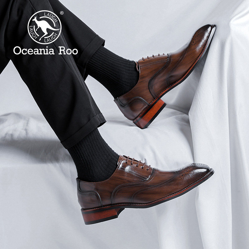 KANGAROO PREMIUM MENS SHOES AUTUMN AND WINTER BROWN RETRO POINTED TOE BUSINESS FORMAL WORK LEATHER SHOES INCREASE HEIGHT CASUAL MARRIAGE