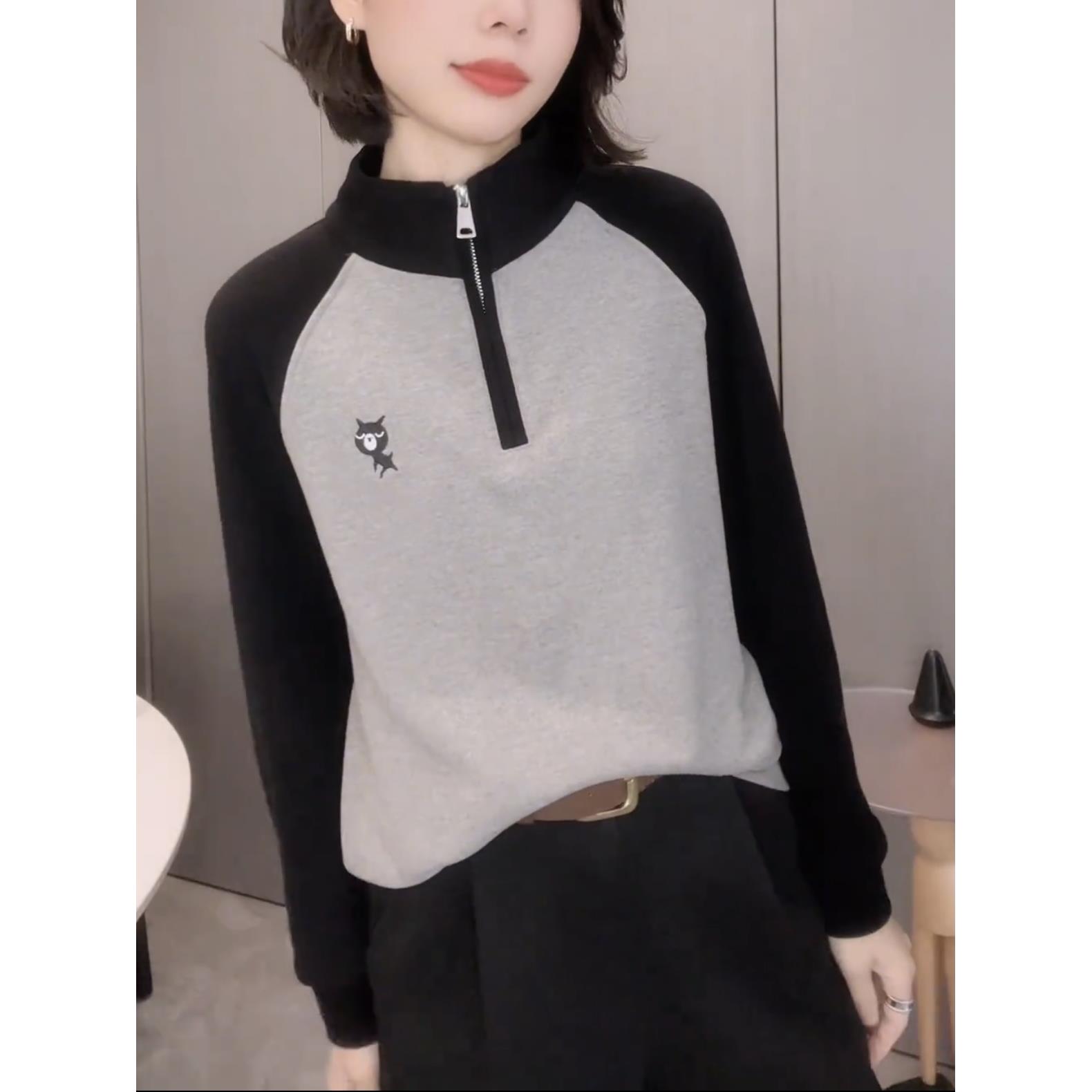双面德绒半拉链立领卫衣女秋冬新款时尚百搭刺绣保暖大码打底衫潮
